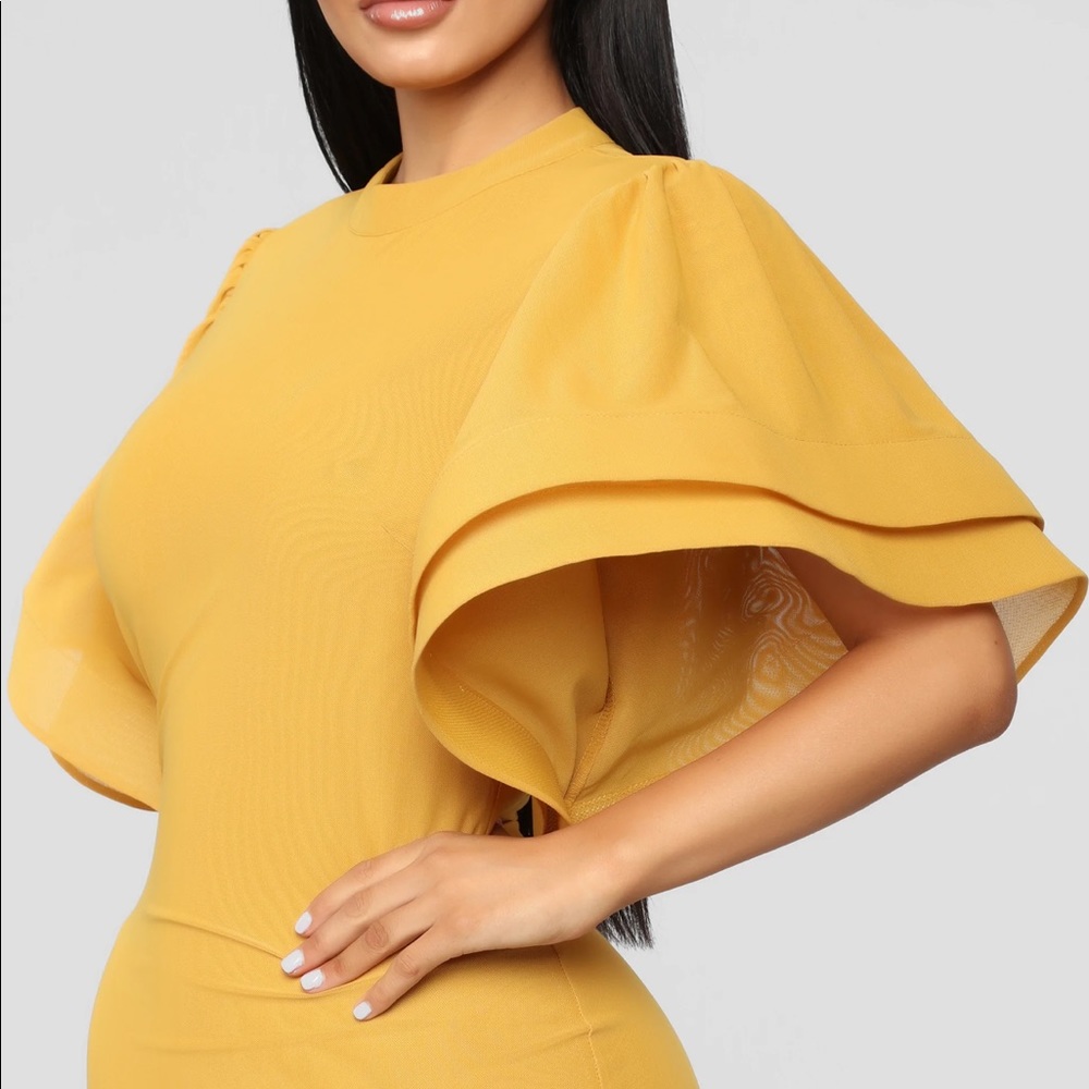 Fashion Nova Mustard Yellow Midi Dress with Ruffle Sleeves - Picture 2 of 6